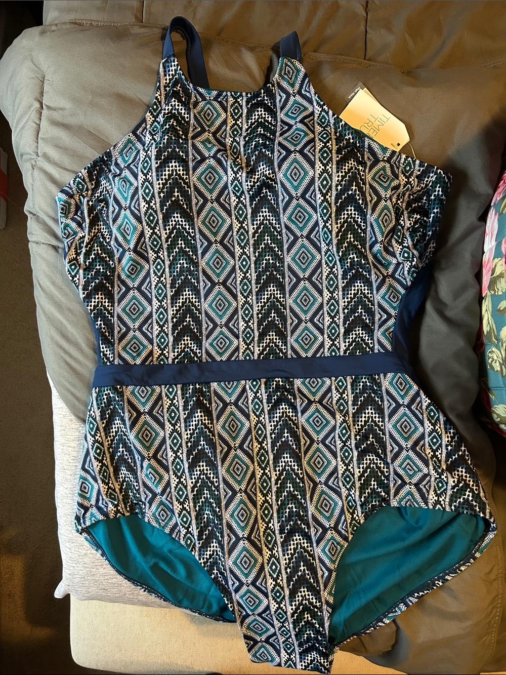 Time and Tru Blue Teal Geometric One-Piece Swimsuit